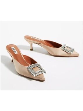 ANTHROPOLOGIE BIBI LOU Cream Satin Mules with Rhinestone Embellishment Size 36